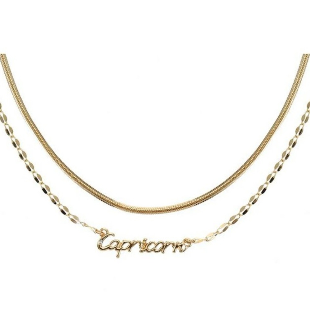 NWT Capricorn Zodiac Necklace 2 Piece Layered Gold Tone Chains w Crystal Accent
